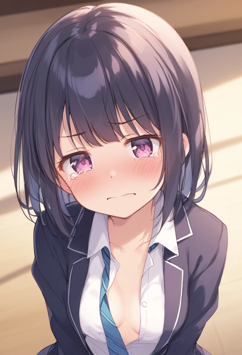 Cute girl、Open clothes、Embarrassed blush、A reluctant, frustrated, crying face、Open