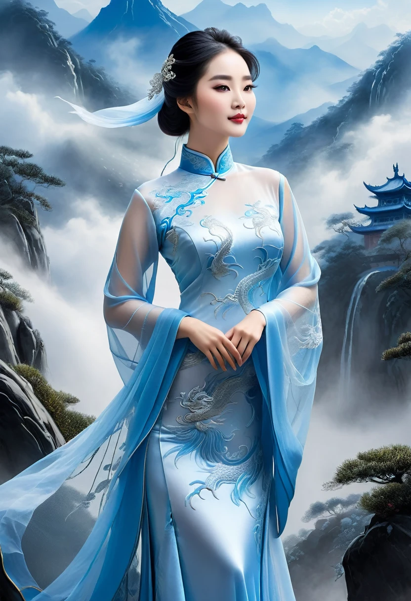 A radiant Chinese maiden, adorned in a shimmering qipao of celestial blue, embroidered with delicate silver threads depicting dragons soaring amidst clouds. The garment's graceful, flowing design skims her curves, accentuating her youthful vitality. The background is a misty mountain peak, shrouded in a veil of morning fog, conveying a sense of mystery and wonder. The composition is from a low angle, looking up at her as she stands triumphantly at the summit, a symbol of courage and ambition.
