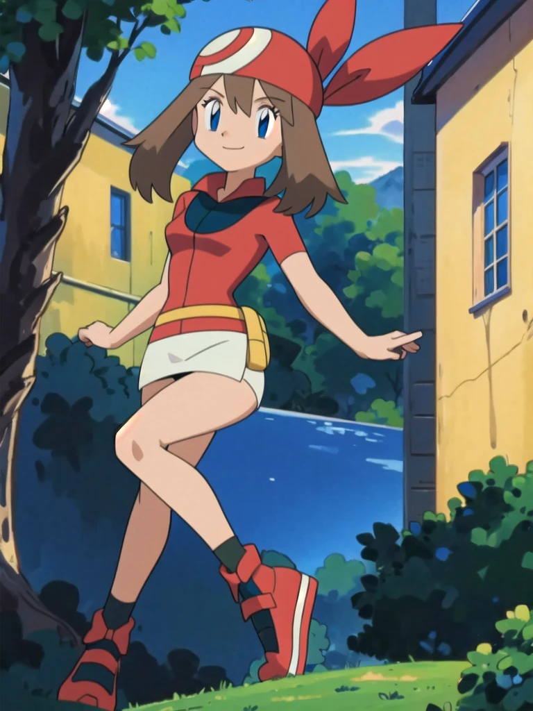asbsurdres, highres, best quality, masterpiece, outdoors, 1girl, solo, may (pokemon), smile, fanny pack