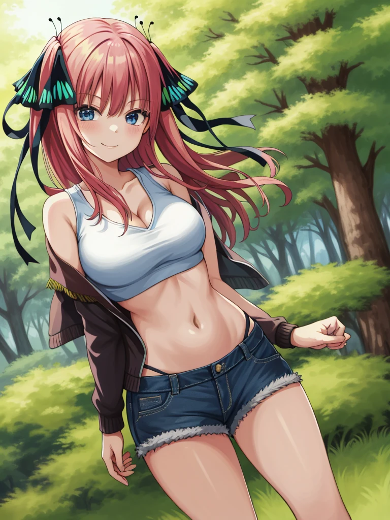 2d, masterpiece, best quality, anime, highly detailed, 1girl, solo, cowboy shot, nakano nino, pink hair, butterfly hair ornament, crop top , cleavage, Denim short shorts , large breasts, standing, school, outdoors, smile