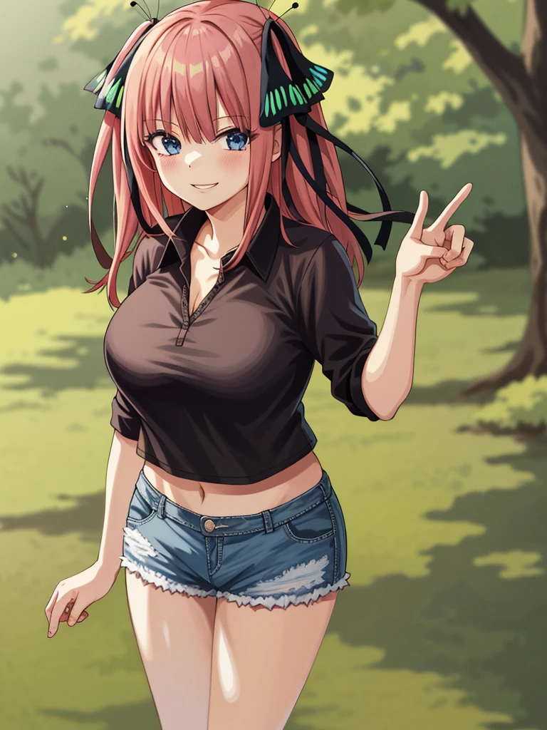 2d, masterpiece, best quality, anime, highly detailed, 1girl, solo, cowboy shot, nakano nino, pink hair, butterfly hair ornament, crop top , cleavage, Denim short shorts , large breasts, standing, school, outdoors, smile