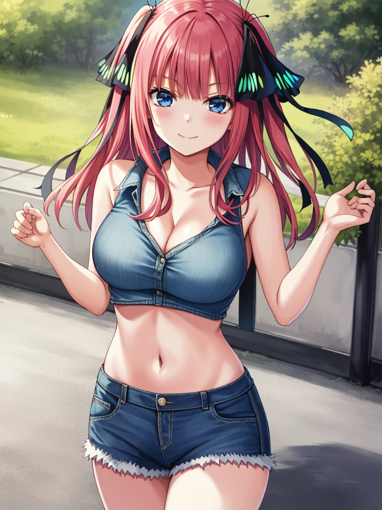 2d, masterpiece, best quality, anime, highly detailed, 1girl, solo, cowboy shot, nakano nino, pink hair, butterfly hair ornament, crop top , cleavage, Denim short shorts , large breasts, standing, school, outdoors, smile