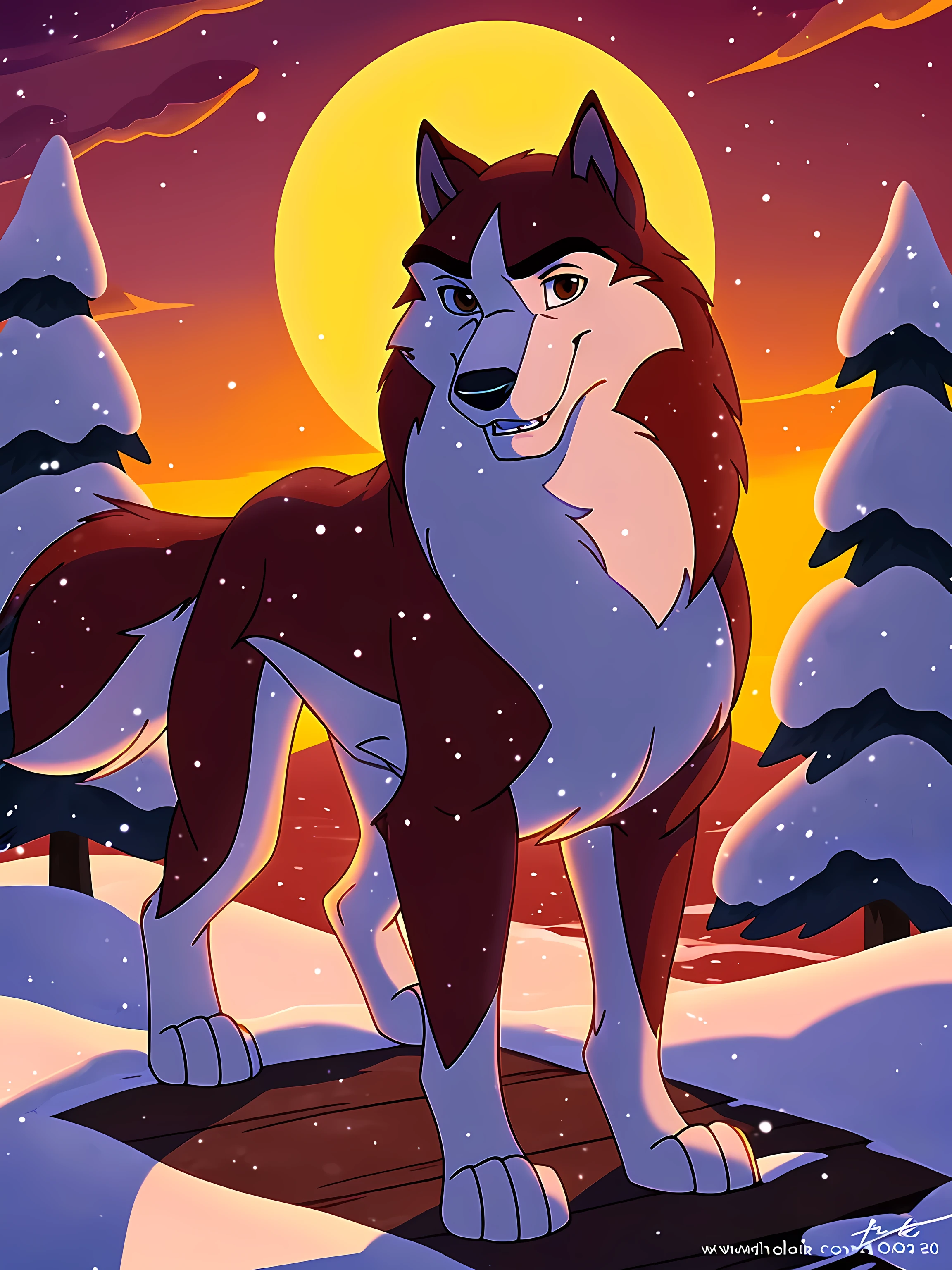 kodiak (balto), red fur, solo, full body, feral, detailed, detailed eyes, quadruped, wfa anatomy, male, masculine, adult, wolf, wolf body, wolf tail, brown eyes, cartoon shading, cel shaded:1.0, winter background, sunset, snowing, smile, front view, paws