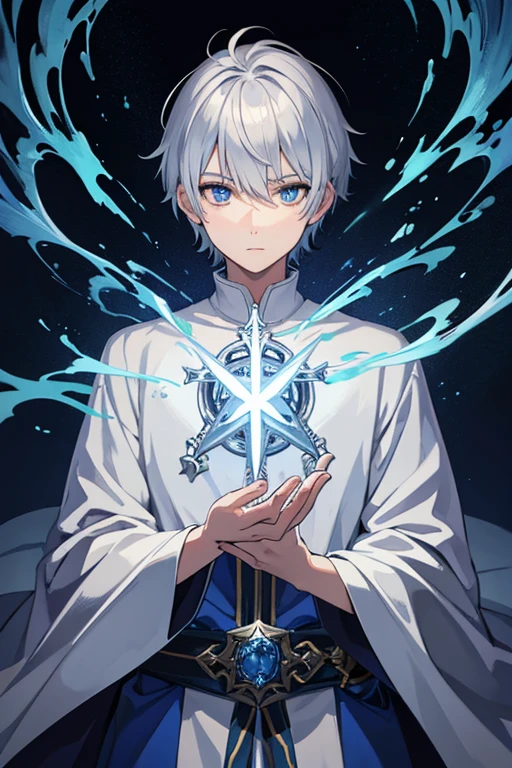 masterpiece, Highest quality, High resolution，Anime Style、Anatomically correct、Silver Hair、Short Hair、male、Wizard、Robe、magic、Blue Flame、With an ancient castle in the background、Upper body only
