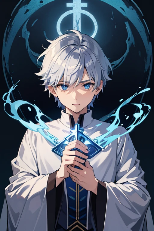 masterpiece, Highest quality, High resolution,Anime Style、Follow the prompts、Anatomically correct、Silver Hair、Short Hair、male、Wizard、White Robe、magic、Blue Flame Cross、With an ancient castle in the background、Upper body only