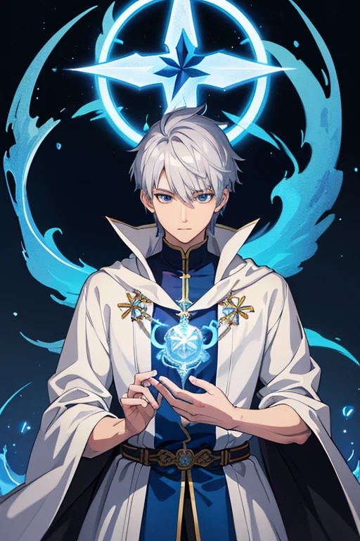 masterpiece, Highest quality, High resolution,Anime Style、Follow the prompts、Anatomically correct、Silver Hair、Short Hair、male、Wizard、White Robe、magic、Blue Flame Cross、With an ancient castle in the background、Upper body only