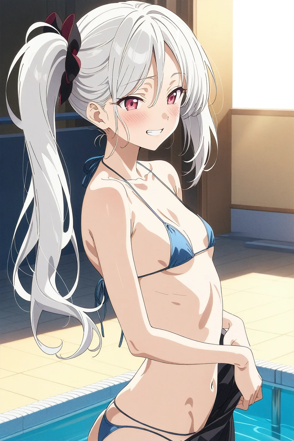 best quality, amazing quality, very aesthetic, absurdres, (1girl, mutsuki, blue archive, solo, red eyes, white hair, side ponytail), (realistic face:0.9),(string bikini:1.8),dress lift, (grin, blush, thigh:1.3), (cowboy shot), (empty eyes), (half closed eyes:0.9), (from side:2), (official art:1.3), (pool), (expressive eyes, perfect face, 4k, extremely detailed anime illustration, extremely detailed eyes), perfect anatomy, light rays, extremely delicate body, smooth skin, (school background:1.5), clear eyes, beautiful face, small breasts,(anime style:1.7), (Warm Light:1.5), (highres:2),