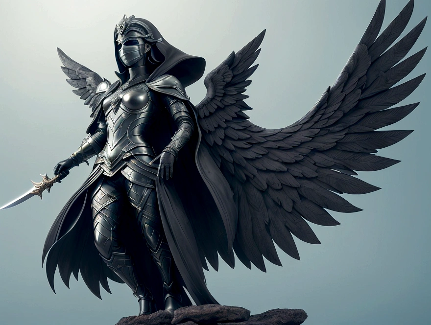 image style levitating suspended in the CEU in the air: low angle shot: the camera is at ease to a guardian angel movie scene This image shows a frozen desert environment guardian angel figure with black wings wearing a black blindfold over his eyes, symbolizing blindness or impartiality. On the one hand, she holds an ancient scales of justice and, For another, a sword, reinforcing the iconography of Justice

