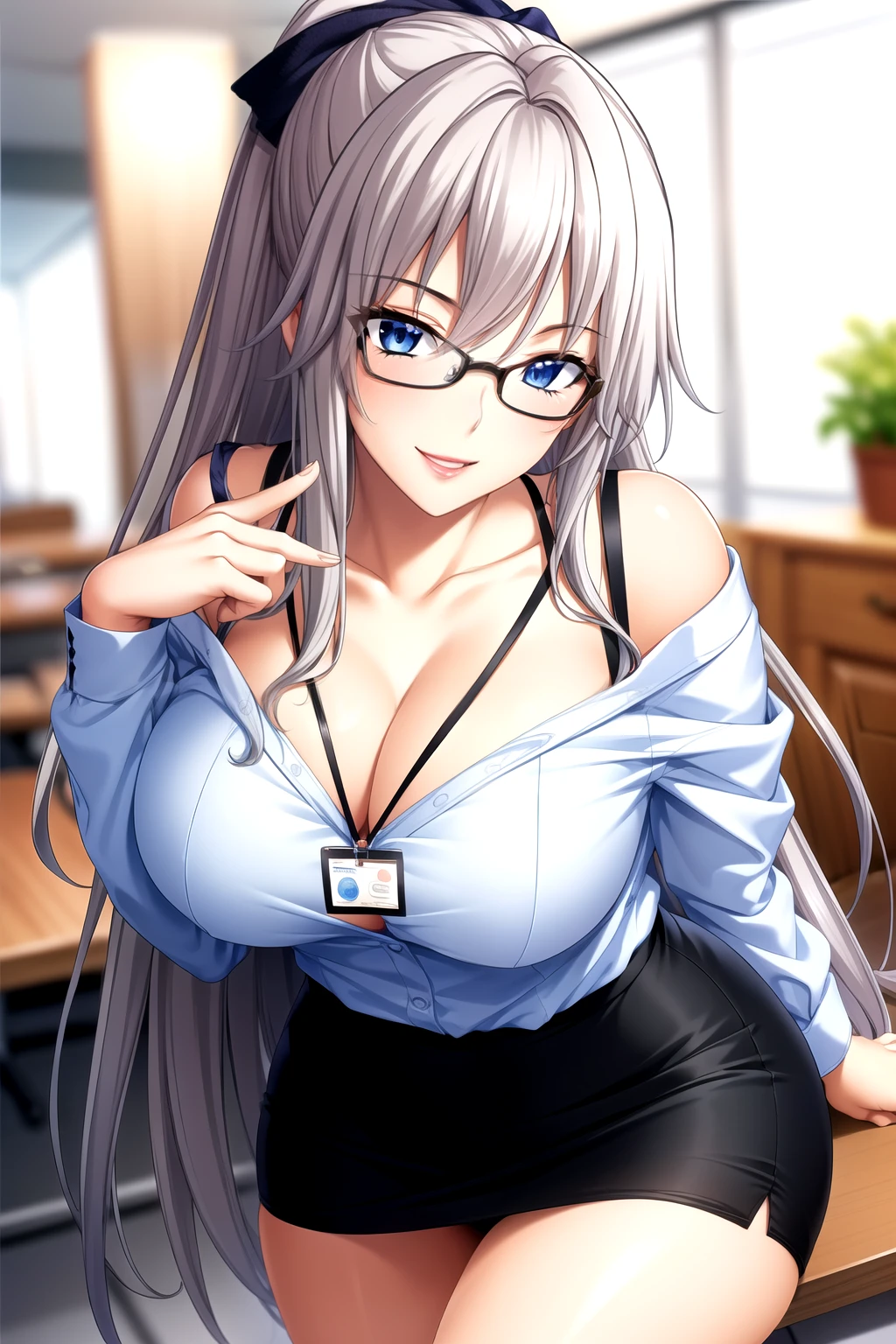 露little bra, 露little underwear,Perfect hands, Clear your fingers, Perfect fingers,full hand slim figure,wear glasses, office lady,office worker,Pencil Skirt,office worker装, (ID card) Lanyard,露little bra, 露little underwear, show cleavage, Office Background, 1 girl,20 years old, Young women,Fair Finger,Fair long legs,Fair Body,Fair Nose,Fair character design, Perfect eyes, perfect Face,Expressive eyes, Looking at the audience,(lead_Body),(Focus on her Face), Official Art,Extremely detailed CG unity 8k wallpaper, Perfect Lighting,rich and Farbeful, bright_front_Face_Light,Light skin, (masterpiece:1.0),(最OK_quality:1.0), Ultra-high resolution,4K,Very detailed, photography, 8K, Human Development Report, high resolution, absurdes:1.2, Kodak Portrait 400, Film Grain, Blurred background, bokeh:1.2, Lens Light Halo, (Energetic_Farbe:1.2) (Fair,Target_Chest:1.3), (Fair_Face:1.5),(narrow_waist),Happy，Smile, Off-shoulder,clavicle,Perfect hands, Clear your fingers, Perfect fingers,full hand,wear glasses, office lady,office worker,Office Background,Pencil Skirt,office worker装, (ID card) Lanyard,露little bra, 露little underwear, show cleavage