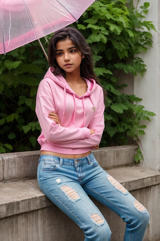A real indian 16 year old cute boy Sitting on small
wall and hugging, with 16 years old cute girl body
happy standing, holding pink umbrella haven raining
a street, the boy is wearing pink hoodie clear written
bold nam "Divyansh"and girl wearing pink top and
jeans, phone, sunglsses girl looking at camera,
watch, stylish hair, girl white shoes, background big
road raining greentrees plants fields, creating a
whimsical atmosphere,  8k, RAW photo, best quality, masterpiece:1.4), ultra high res, (realistic, photo-realistic:1.48),
Highly Detailed Face and Skin Texture