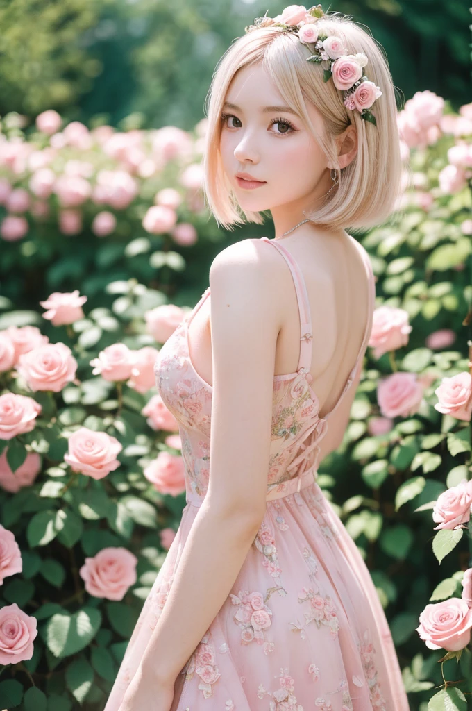 8K, RAW Photos, Fujifilm, Avril-like style photo of a beautiful young woman in a garden of pale pink roses (Highly detailed skin: 1.2) Style Petal Break Short Hair, Blonde and colored hair, Wearing a dress, Film Granulation, 35mm, Cute Style