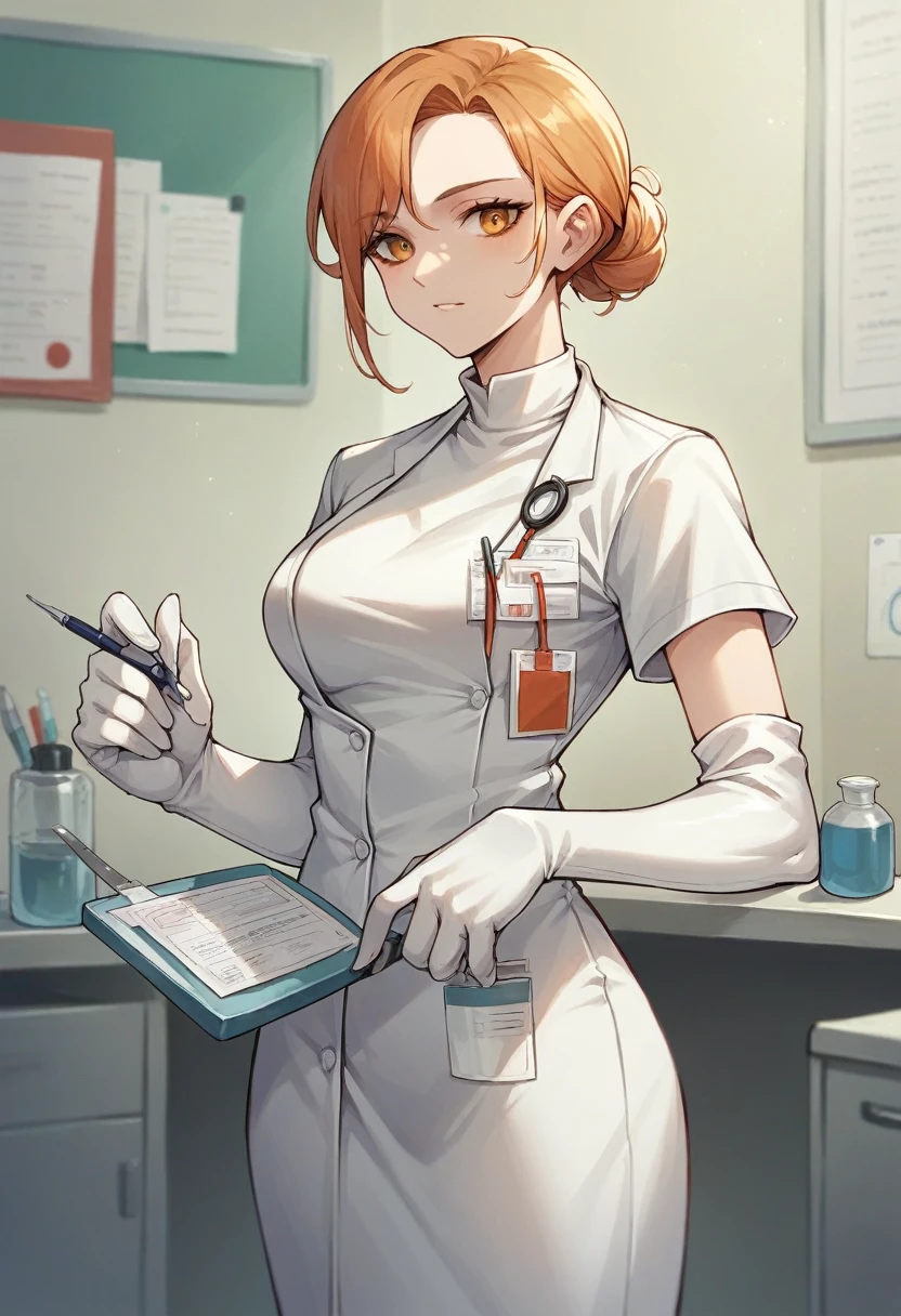 1girl, ((yellow elbow gloves)), ((surgical gloves)), ((latex gloves)), ((long sleeves)) ((pink surgeon outfit)), looking at viewer, ((doctor)), standing, solo