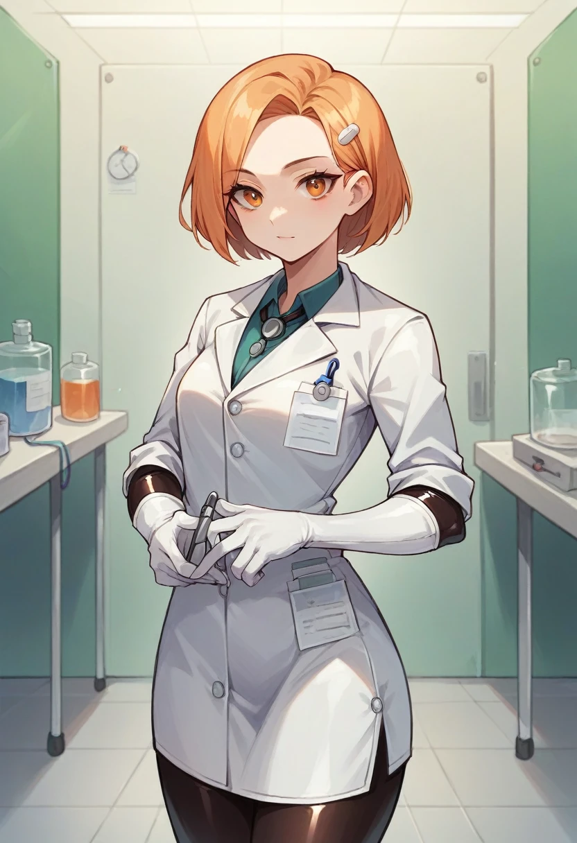 1girl, ((white elbow gloves)), ((surgical gloves)), ((latex gloves)), ((long sleeves)) ((orange surgeon outfit)), looking at viewer, ((doctor)), standing, solo