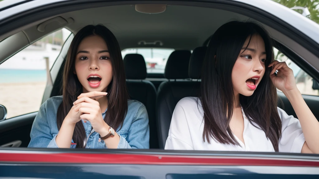 Media type girl wearing uptown beach casual with her friend in car and they scream because thug man pulled out they of the car
