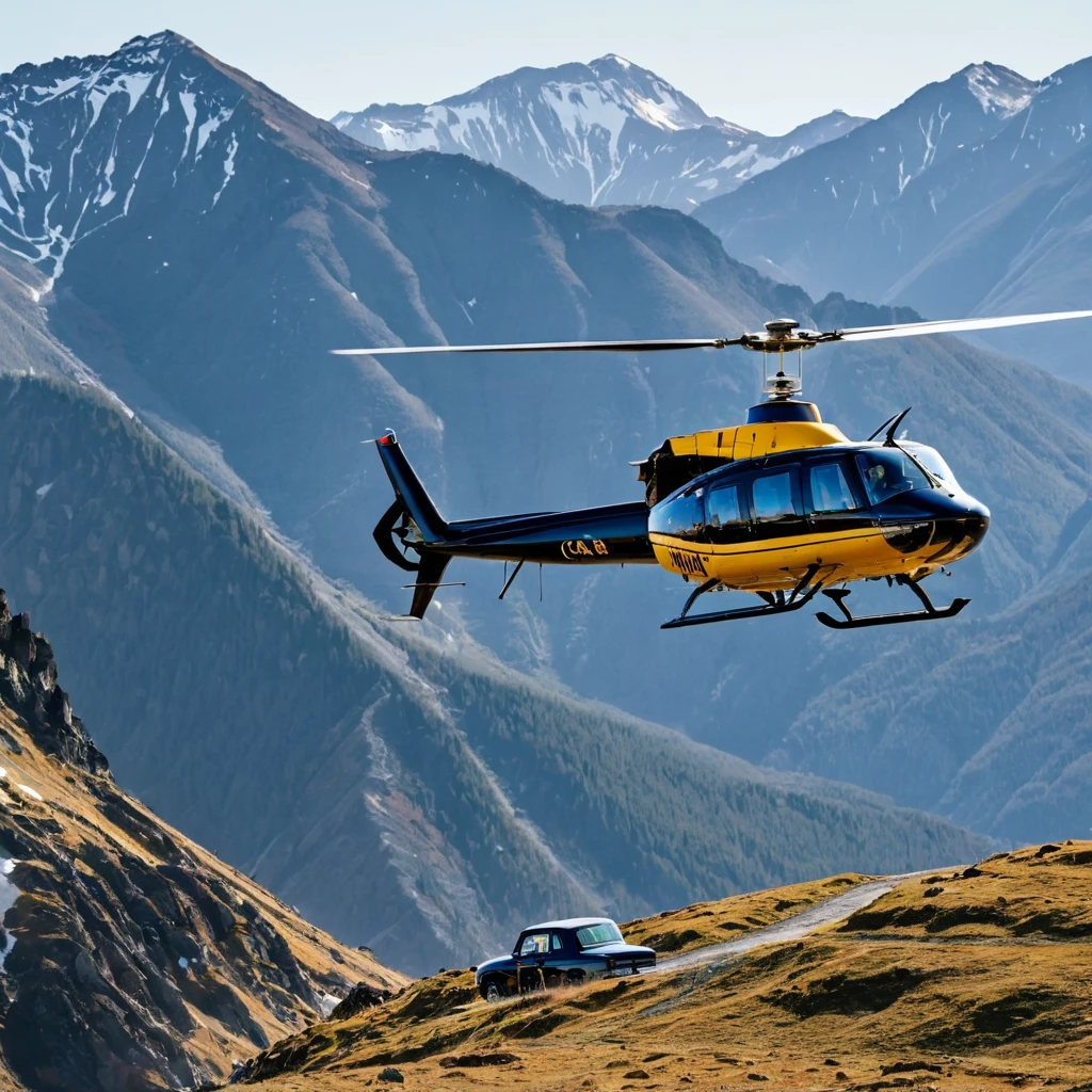 a Helicopter landing on top of a mountain, with a cab emblem.