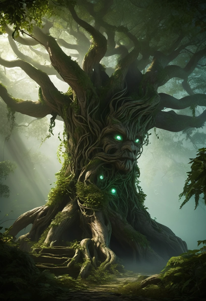 "A gigantic tree-like monster made of ancient wood and vines. Its head is crowned with leaves that emit a green glow, and small glowing creatures inhabit its body. This tree giant moves slowly within the mist, serving as a guardian of nature."