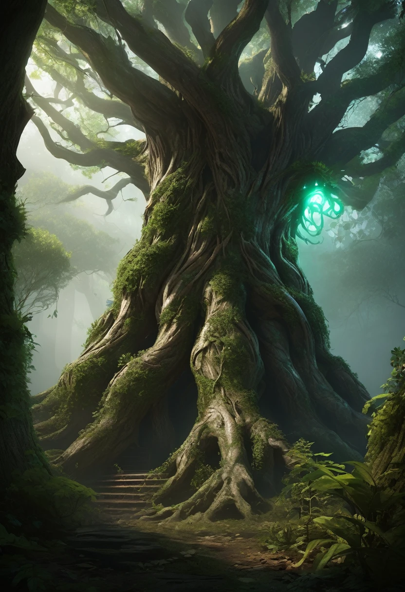 "A gigantic tree-like monster made of ancient wood and vines. Its head is crowned with leaves that emit a green glow, and small glowing creatures inhabit its body. This tree giant moves slowly within the mist, serving as a guardian of nature."