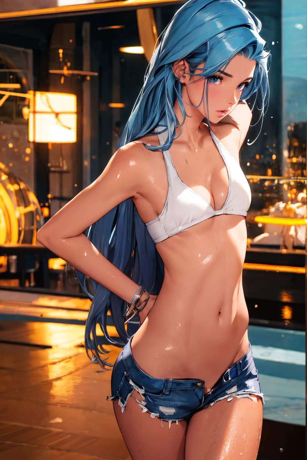 (best quality: 1.2), clean face, (masterpiece: 1.2, 8k)(PureErosFace_V1: 0.7), perfect anatomy, 1girl,a beautiful fashion model ,(masterpiece, official art, best quality) (wet skin, shiny skin) ,long and shiny hair, blue hair with streaks in hair, long hair, full lips, upturned nose , big breasts, looking at viewer, revealing outfit, absurdity, intricate details, , dynamic pose, club, dancing, , cinematic lighting, (highly detailed skin: 1.2), wearing
short shorts and a tight white top, cleavage, torn clothes, visible thong straps
