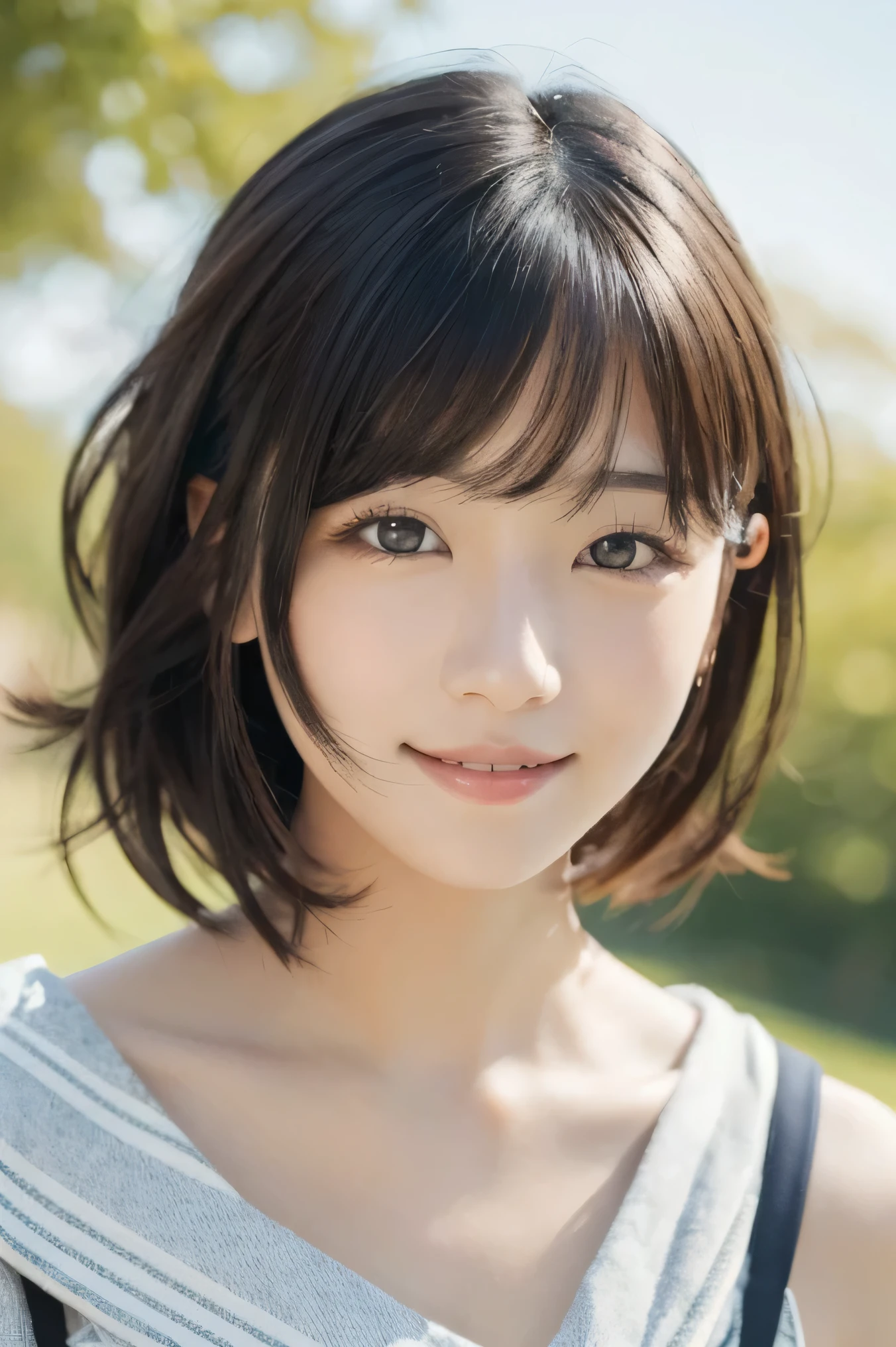 middle (shoulder length:1.2) wavy hair, masterpiece, best quality, high definition, 1 girl, Japanese, looking at viewer, (smile:0.6), super textured skin, face looking straight at camera, full face