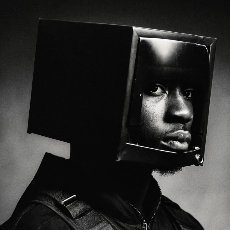 2 black men, dark, box head, close-up, portrait, huleebstyle, helmet, dark, monochrome, (simple:1.2), 