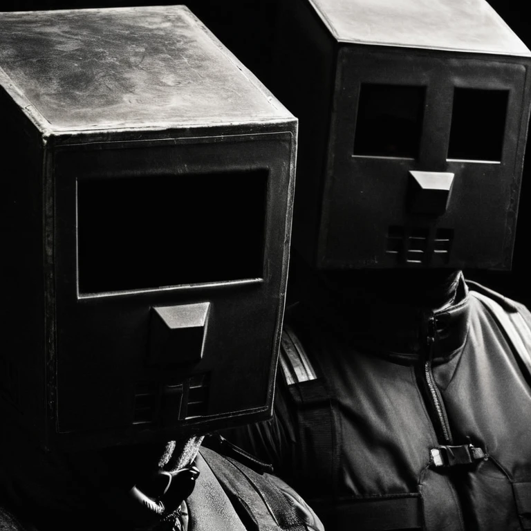 2 black men, dark, box head, close-up, portrait, huleebstyle, helmet, dark, monochrome, (simple:1.2),