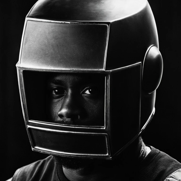 2 black men, dark, box head, close-up, portrait, huleebstyle, helmet, dark, monochrome, (simple:1.2),