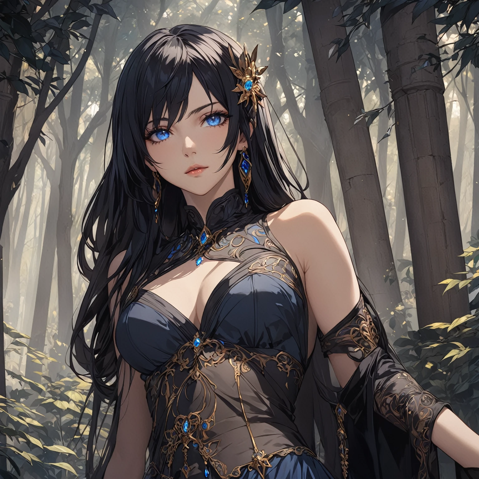 masterpiece, best quality, 1woman adult, female focus, solo, black hair, vibrant blue eyes, long hair, looking at viewer, closed mouth, bangs, Fantasy aesthetics, Highly detailed, shadowverse style, black attire, sorceress
