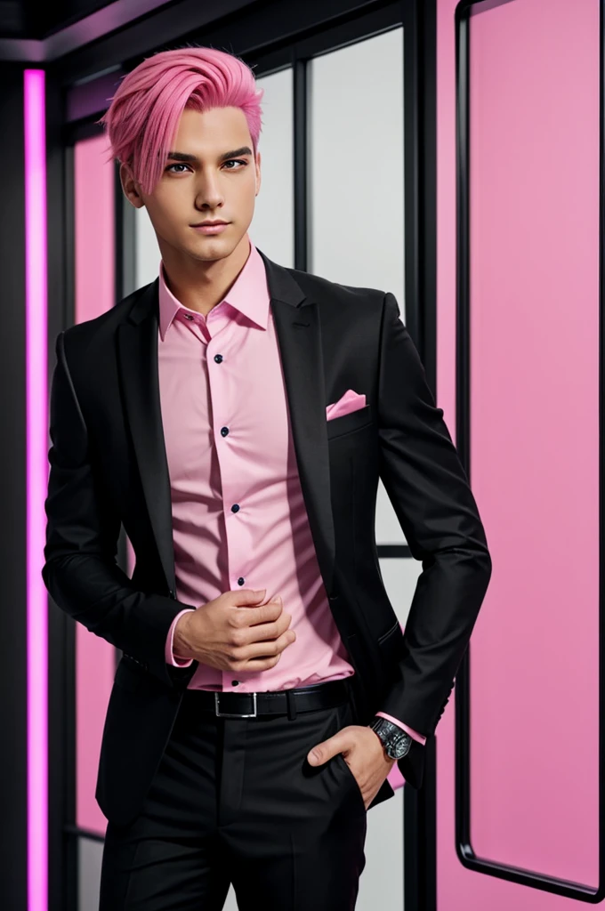A man with black and pink hair, wearing a suit, handsome, pink eyes, Anime style.