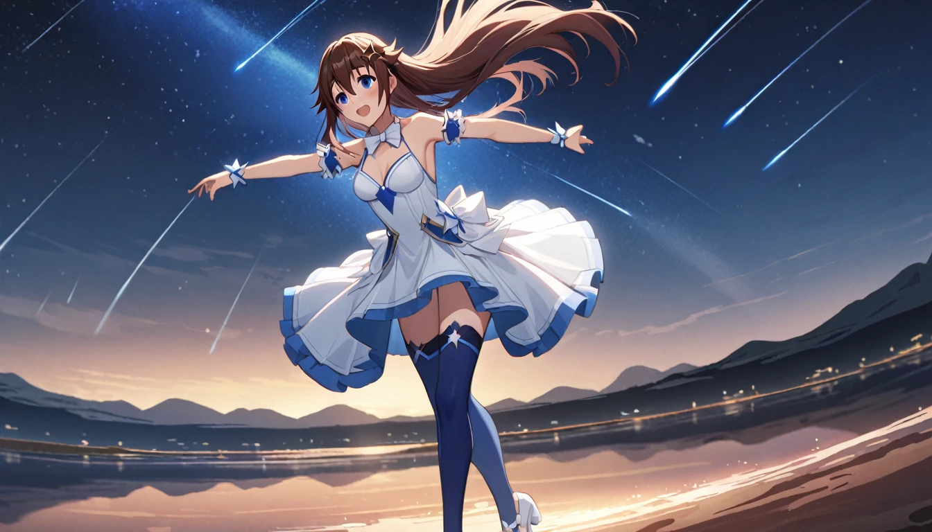 perfect hands,(Uyuni salt lake:1.4),(out door,starry sky,cinematic angle,far away girl ),full body,solo, 1 girl,,(tokino sora:1.4 ),(official alternate costume:1.4),blue eyes, (brown hairr:1.3), long hair,medium breasts, star hair ornament ,(dancing), white ribbon, frills,(white dress), halterneck , (white bowtie:1.2),arm garter, (blue half gloves),high-low skirt, pleated dress, blue thighhighs,(Meteor shower:1.4),