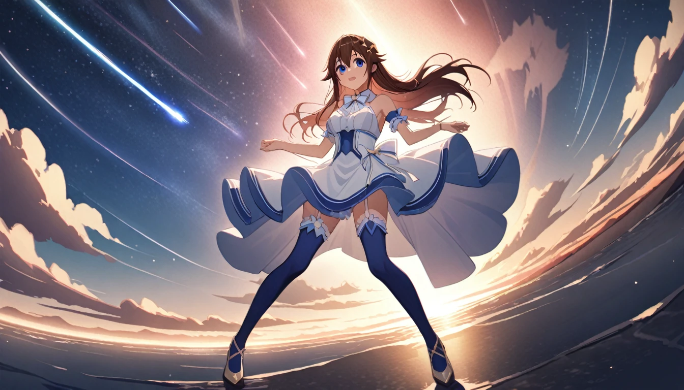 perfect hands,(Uyuni salt lake:1.4),(out door,starry sky,cinematic angle,far away girl ),full body,solo, 1 girl,,(tokino sora:1.4 ),(official alternate costume:1.4),blue eyes, (brown hairr:1.3), long hair,medium breasts, star hair ornament ,(dancing), white ribbon, frills,(white dress), halterneck , (white bowtie:1.2),arm garter, (blue half gloves),high-low skirt, pleated dress, blue thighhighs,(Meteor shower:1.4),