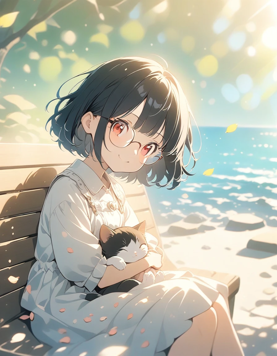 Anime Style, Ultra-fine illustrations, Very detailed, Dynamic Angle, Beautiful details, 8K,pretty girl,Black Hair,Thin bob cut, smile,Red eyes, Sit on a bench in a park by the sea with a view of the ocean,fashionable, Trendy clothes,Cobblestones,(Spotted sunlight:1.2),Blurred,(Written boundary depth:1.1),Tilt your head,(Fluttering petals),wood,Cuddle a kitten,sleep,Glasses