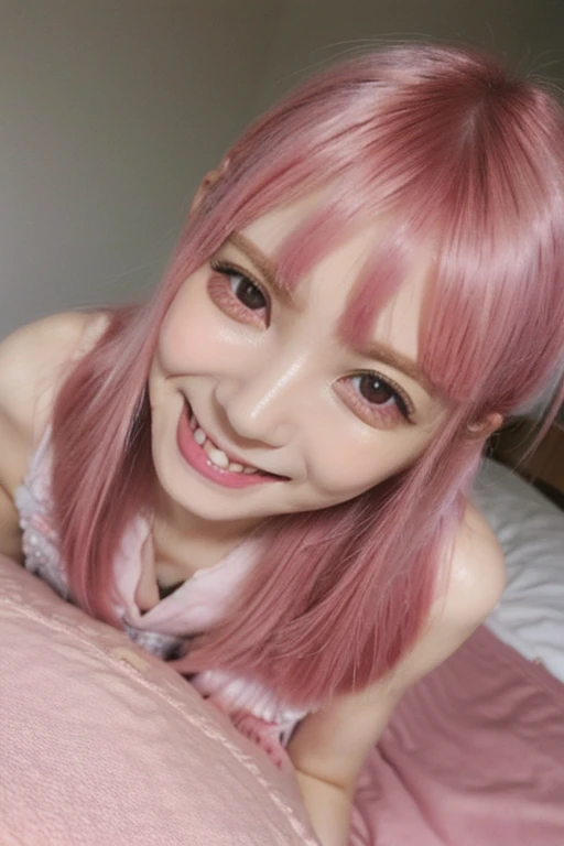 Highest quality、masterpiece、High sensitivity、High resolution、Detailed Description、Slender girl、Kogal、Pink Hair、Long fake nails、Color Contact Lenses、Smile and wink、Platform boots、