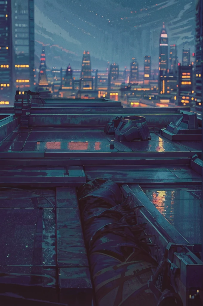 a detailed rooftop city night scene, a rooftop terrace overlooking the city at night, beautiful night cityscape, glowing city lights, neon signs, skyscrapers, starry night sky, moonlight, atmospheric lighting, cinematic composition, dramatic lighting, ultrarealistic, high quality, 8k, photorealistic