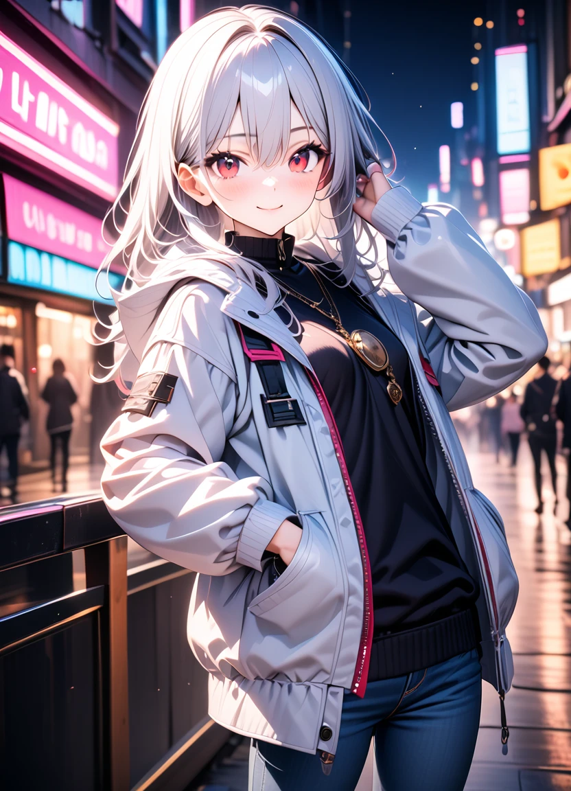 1girl, 15 years old, slim, small breasts, white hair, hairs between eyes, shoulder length hair, pale skin, bright red eye:1.3, white duffle coat and long-sleeve black sweater, open jacket, jeans, gold pocket watches hanging from the neck, BREAK kawaii, smile, cowboy shot, pose, (cyberpunk night city:1.3), neon light, (light particle:1.3), BREAK smooth skin, cinematic lighting, volumetric shadow, BREAK 3D CG illustration, score_9, score_8_up, score_7_up, (masterpiece:1.2), (best quality:1.2), (very aesthetic:1.2), (absurdres:1.2), (detailed background), newest, (intricate:1.2), ai-generated, BREAK