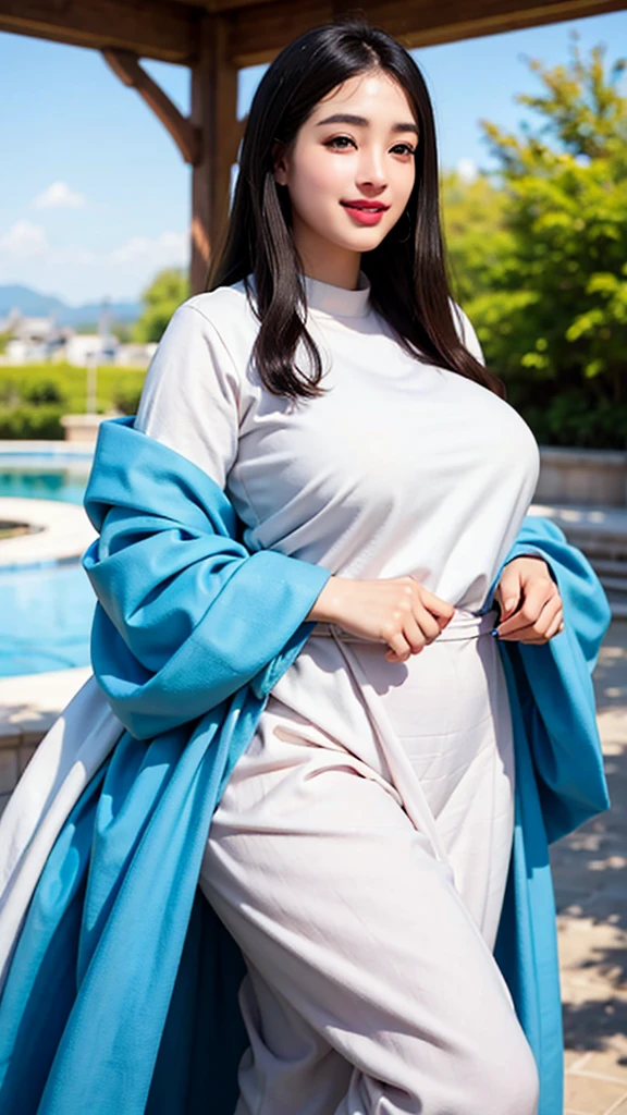 Beauty, Mystical Eyes、Big 、Super sexy、Pale skin、Shiny Hair、Brown Hair、Super long hair、Are fat、smile、Heavy makeup、Pink lipstick、Thick lipoisturized lips、Plump、Voluptuous、Indian、Blue sky、White cloud、Back view、looking at the camera