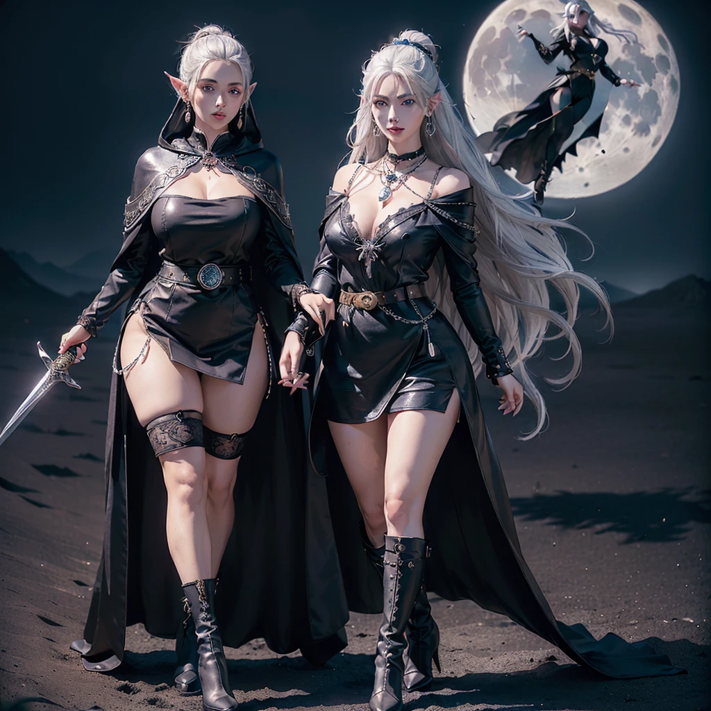 (full body image, realistic 3D anime style), (of a beautiful dark-skinned woman), (white hair tied in a bun style), ((Perfect beauty)), ((detailed face)), ((symmetrical face )), ((well-detailed dark-blue eyes)), (Pointed elven ears) (silver ear earrings decorated with a small blue sapphire), ((Beautiful lips)), ((perfect body)),(( voluptuous body)), (((large breasts))) on the chest a silver chain from which hangs a small circular medallion, decorated with a blue sapphire in the center, (narrow waist) ((thick thighs)), ( closed black blouse with long sleeves with (qipao collar), short skirt to the middle of the thighs, and a diamond-shaped neckline in the center, (exposing the upper part of the breasts), (decorated with fine intricate details made in gold), (( Black hooded cloak, fastened at the front with two small circular brooches attached to a silver chain)), (black leather belt with metal loop decorated with intricate details), ((carries a short silver sword on the belt)), brown leather gloves with cuffs, black stockings (long to the middle of the thigh) (long black leather ankle boots with flaps and low heels), ((walking through a desert of blue sands)), on a full moon night, blue sky illuminated by moonlight, beautiful clouds, high definition resolution, 8k, volumetric light, Masterpiece, high quality,