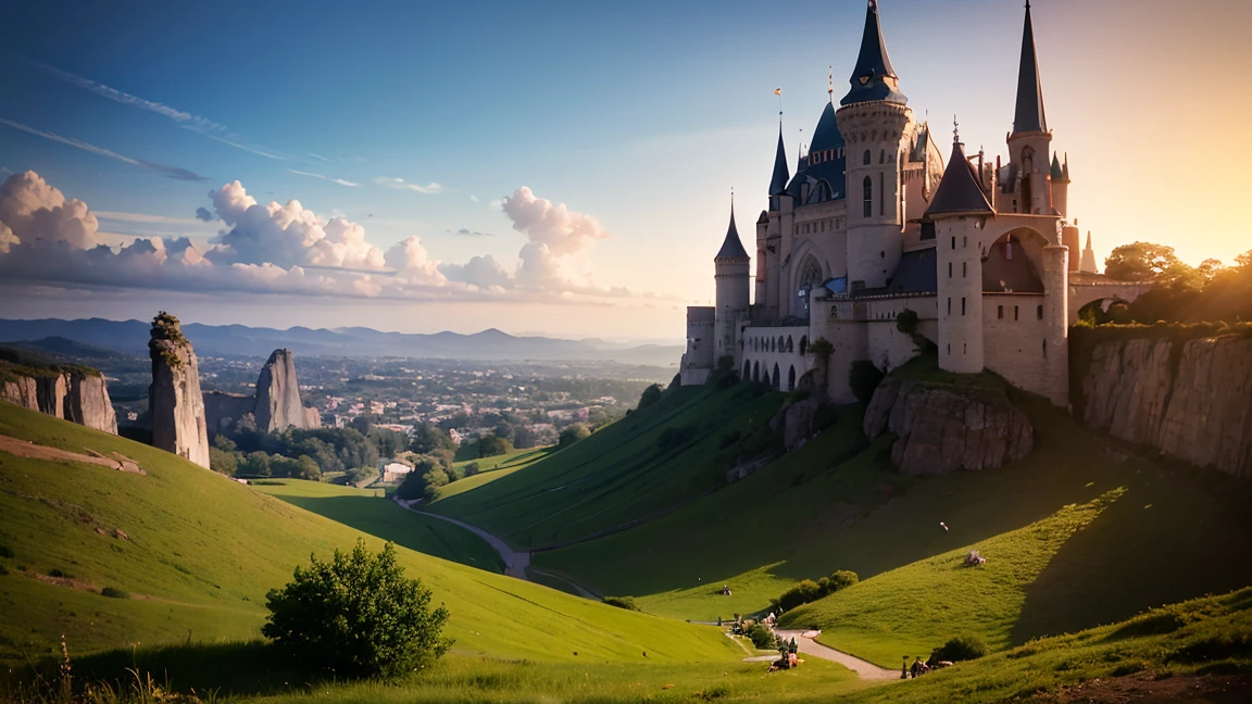 cinematic landscape, epic panorama:1.2, clear sky, sunny sky, summer, fairytale-like city, pastel colors, beautiful detailed rock formations surrounding, lush green meadow, rolling hills, intricate architecture, ornate details, golden sunlight, warm color palette, dramatic lighting, highly detailed, 8k, photorealistic, digital art, cinematic composition, 