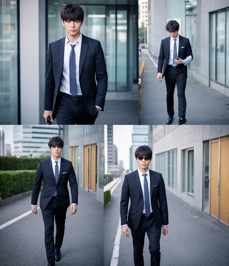 Realistic photos、A man walking in a suit, though his face is not visible、Not looking at the camera、Full Body