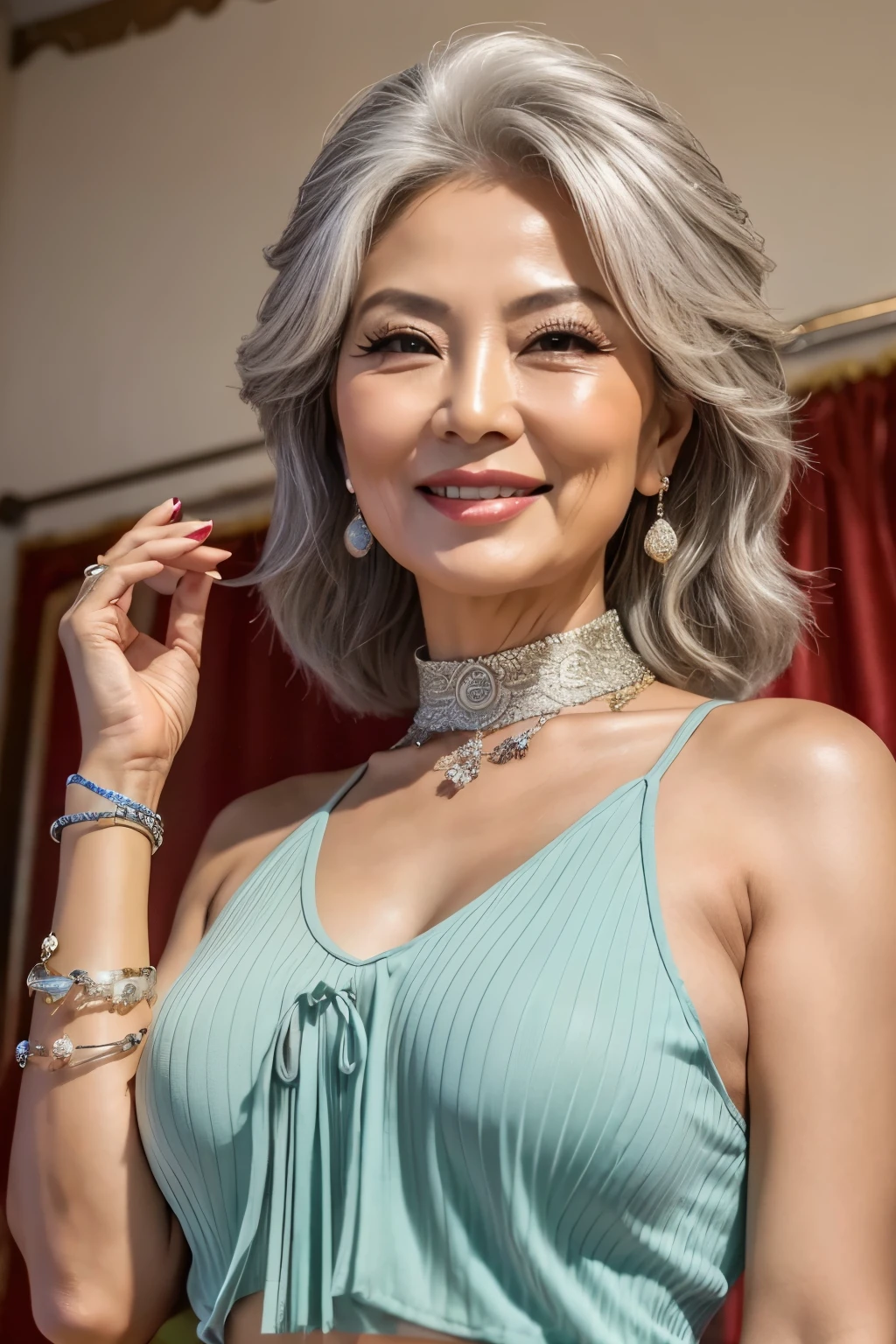 75 years old　mom　milf　Chinese Lady　large earring　Big choker　navel piercing decoration　A bracelet　Silver Hair　realisitic　Gorgeous Madame Beautiful Mature Woman　sexly　Smile　Gentle woman navel piercing　４K　High quality 夏　Gorgeous Madame Beautiful Mature Woman