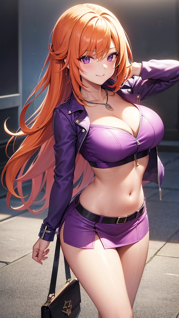 adult, big chest, Popular girl, stylish, cleavagefashion, orange hair, wavy hair, long hair, purple eyes, smile, necklace, purple highlights, 1girl, earring, form fitting, cropped jacket, mini skirt, midriff, short purple jacket, zipper, clutch bag, blush, mall, ultra-detailed, absurdres, unreal engine, masterpiece, best quality, beautiful eyes, volumetric lighting, silky_hair), best quality, ultra-detailed, solo, looking at viewer, highres, 8k wallpaper, extremely detailed, smooth lighting, 8k, depth of field, masterpiece, cinematic lighting,