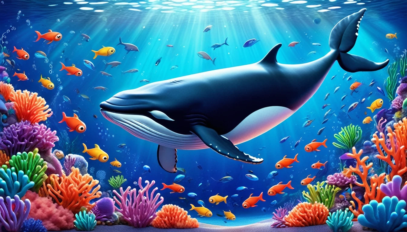 Create a 3-D Pixar style art scene for featuring a whale eating krill with lots of tiny shrimp-like creatures around it. The scene should be colorful and vibrant, with an ocean background, coral reefs, and schools of fish. The overall mood should be engaging and inviting for young children.