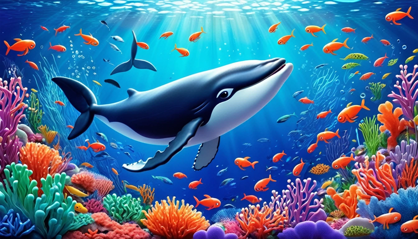 Create a 3-D Pixar style art scene for kids featuring a whale eating krill with lots of tiny shrimp-like creatures around it. The scene should be colorful and vibrant, with an ocean background, coral reefs, and schools of fish. The overall mood should be engaging and inviting for young children.