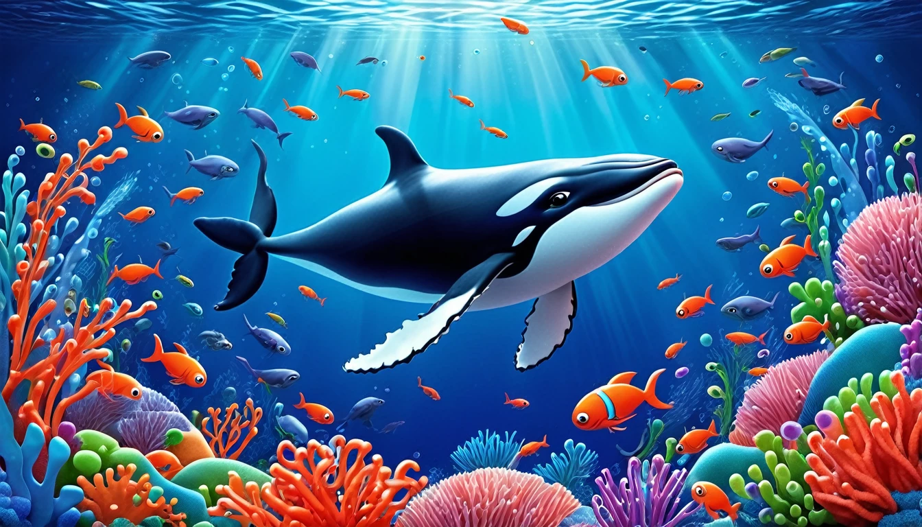 Create a 3-D Pixar style art scene for kids featuring a whale eating krill with lots of tiny shrimp-like creatures around it. The scene should be colorful and vibrant, with an ocean background, coral reefs, and schools of fish. The overall mood should be engaging and inviting for young children.