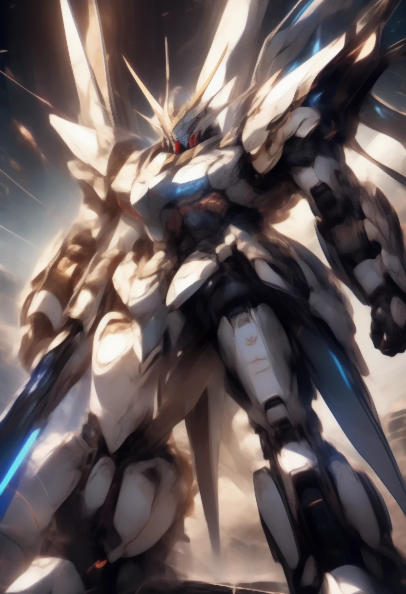 universe space、Facing the enemy、Two planes are fighting、Draw the whole body、Draw two planes fighting、They are locked in a beam sabre duel.、8 heads、Gundam、A depiction of the fighting from the side、Draw at the same size、One is white-based and the other is black-based、Depicting intense battle scenes