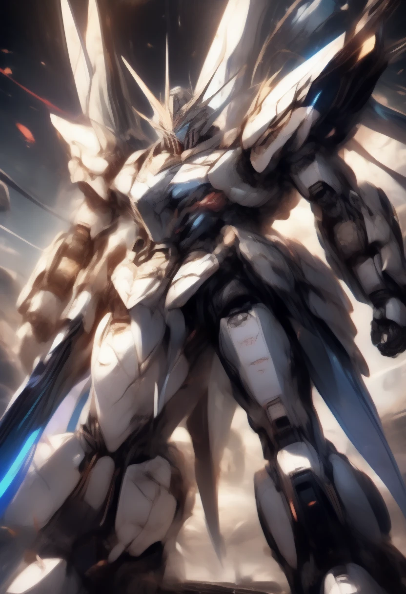 universe space、Facing the enemy、Two planes are fighting、Draw the whole body、Draw two planes fighting、They are locked in a beam sabre duel.、8 heads、Gundam、A depiction of the fighting from the side、Draw at the same size、One is white-based and the other is black-based、Depicting intense battle scenes