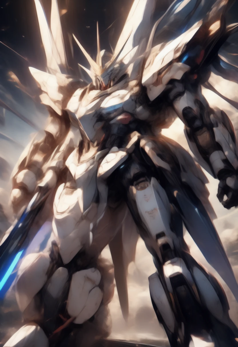 universe space、Facing the enemy、Two planes are fighting、Draw the whole body、Draw two planes fighting、They are locked in a beam sabre duel.、8 heads、Gundam、A depiction of the fighting from the side、Draw at the same size、One is white-based and the other is black-based、Depicting intense battle scenes