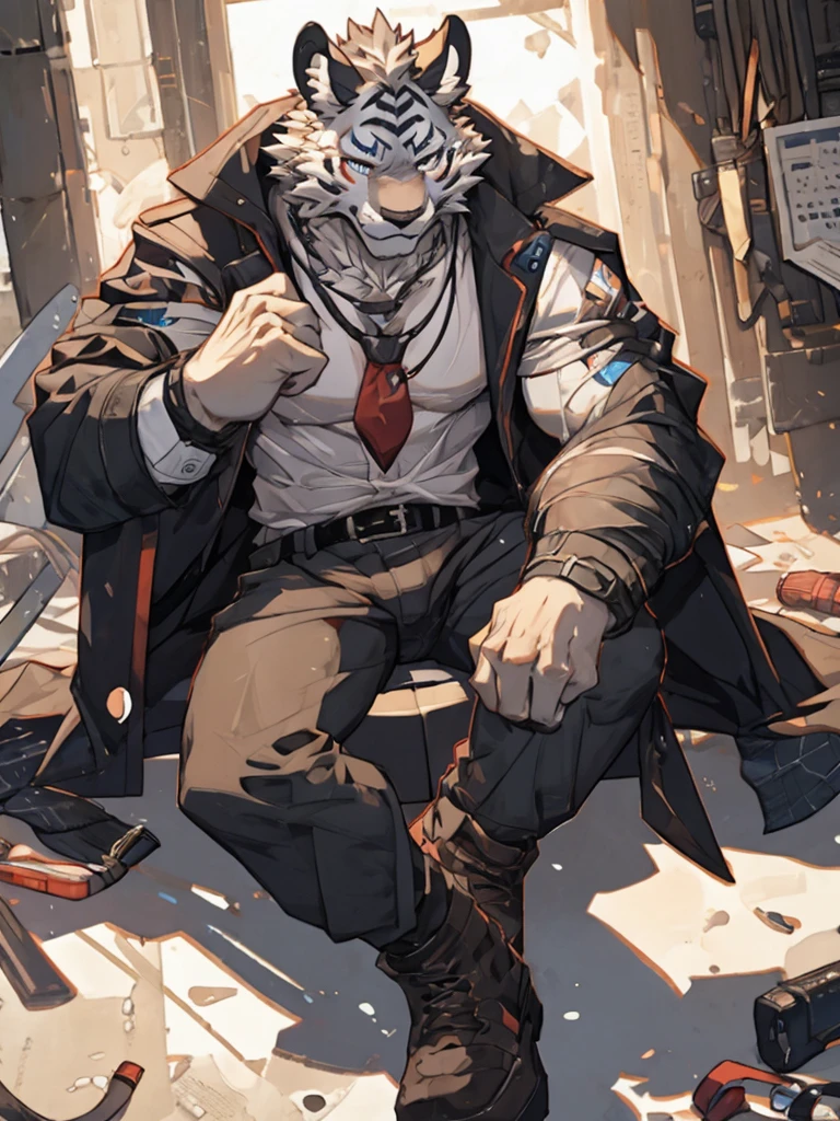 {{bara extremely handsome white tiger,}} {{white fur,}} white, wearing military like ornate trench coat, trousers, white dress shirt and necktie, white fluffy furry body and limbs, loafers, very tall, very broad shoulders, narrow waist, muscular arms, massive pecs, purple eyes, very long legs, sitting on swivel chair with legs spread, from below perspective, massive bulge, sophisticated hot look, sexy pose, full body, sunlight casting over, 3/4 view, best quality, high quality, silver earring on left ear, sultry smirk