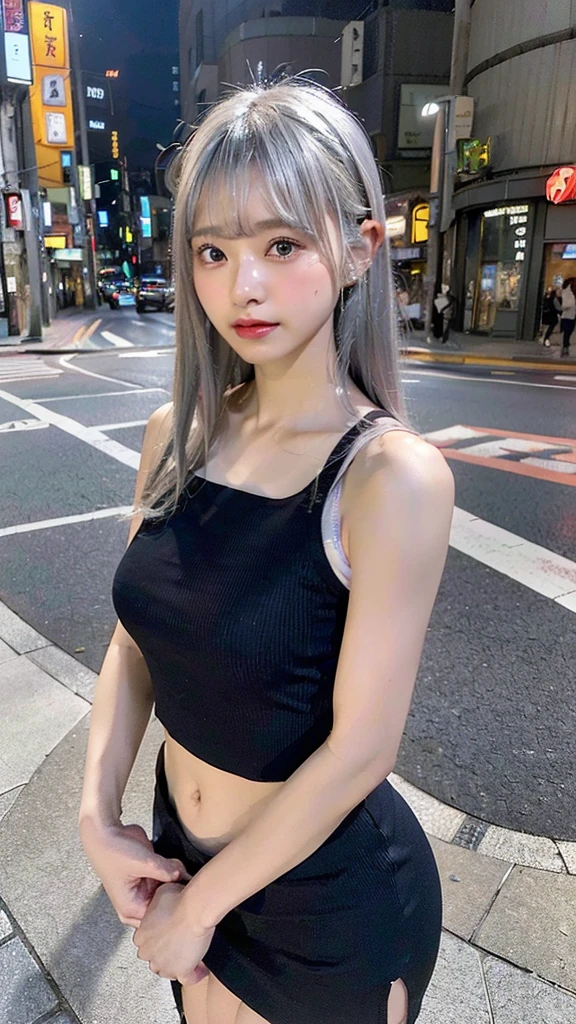(Woman standing on the street in Tokyo:1.4)、(Realistic、Like a photograph、Live Action、8K, Realistic, RAW Photos, Best image quality: 1.4), Single-lens reflex camera、RAW Photos, Highest quality, Realistic, Very detailedな CG Unity 8K 壁紙, Written boundary depth, Cinematic Light, Lens flare, Ray Tracing, Realistic background、(Paisura:1.5、Tight sleeveless shirt:1.4、Tight mini skirt:1.4、(Small breasts:0.5))、((Silver Inner Color Hair:1.1))、 1 female,Cute Japanese Girl、((whole body:1.5))、Long Hair:1.2 like that style、stylish、Very detailed、Pay attention to the details、Perfect outfit、(Sunburned skin)、Beautiful legs:1.1、View from below、Accurate Arm、Meet on a street corner