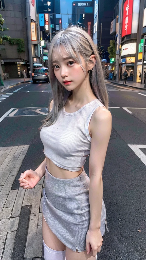 (Woman standing on the street in Tokyo:1.4)、(Realistic、Like a photograph、Live Action、8K, Realistic, RAW Photos, Best image quality: 1.4), Single-lens reflex camera、RAW Photos, Highest quality, Realistic, Very detailedな CG Unity 8K 壁紙, Written boundary depth, Cinematic Light, Lens flare, Ray Tracing, Realistic background、(Paisura:1.5、Tight sleeveless shirt:1.4、Tight mini skirt:1.4、(Small breasts:0.5))、((Silver Inner Color Hair:1.1))、 1 female,Cute Japanese Girl、((whole body:1.5))、Long Hair:1.2 like that style、stylish、Very detailed、Pay attention to the details、Perfect outfit、(Sunburned skin)、Beautiful legs:1.1、View from below、Accurate Arm、Meet on a street corner
