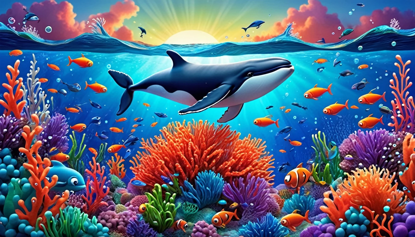 Create a 3-D Pixar style art scene for kids featuring a whale eating krill with lots of tiny shrimp-like creatures around it. The scene should be colorful and vibrant, with an ocean background, coral reefs, and schools of fish. The overall mood should be engaging and inviting for young children.